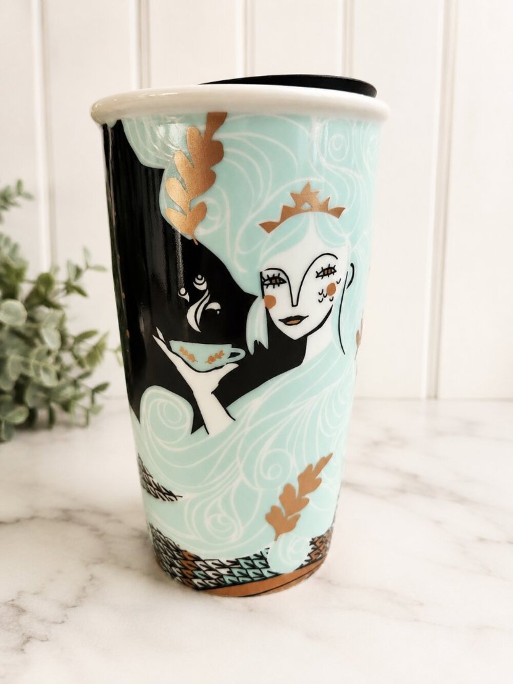 Starbucks Teal Gold Siren Tumbler Travel Mug With Lid Holiday Mermaid 12 Oz